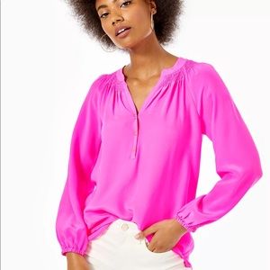Lilly Pulitzer 100% Silk Elsa Top In Raz Berry